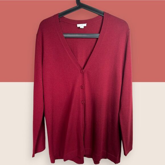 🍷 SMALL J.JILL WOOL BLEND WINE BURGUNDY CARDIGAN DORSET FABRIC COVERED BUTTONS - Picture 1 of 5